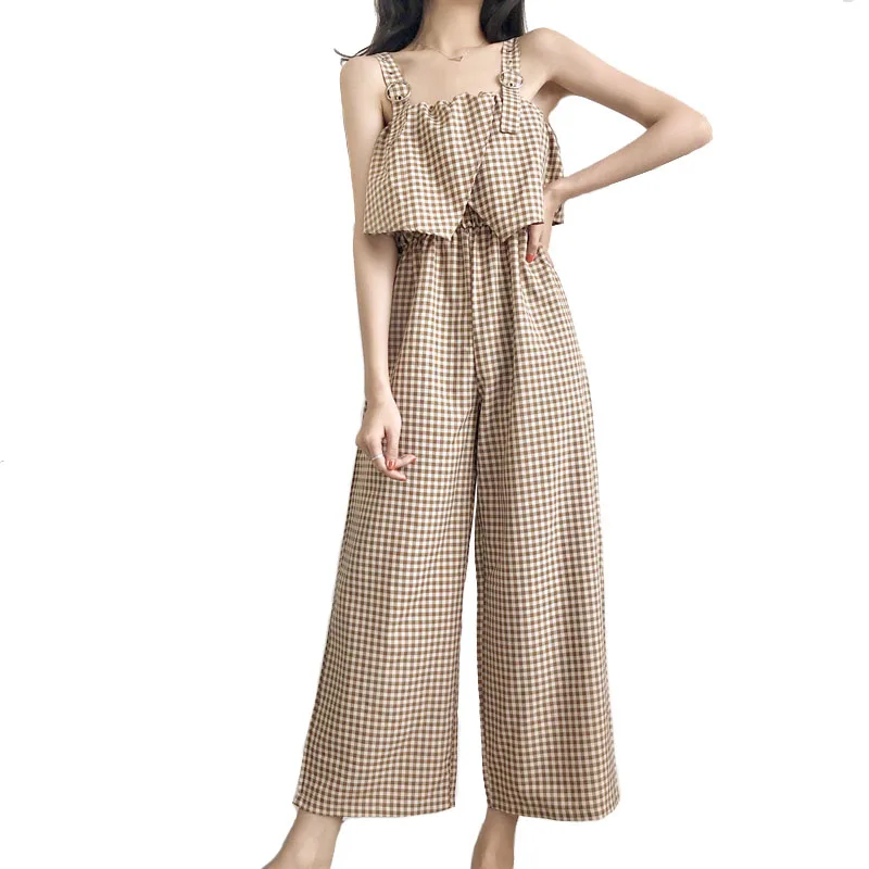 

Women's Plaid Jumpsuits Summer New Japan Retro Loose Ankle Pants Straps Jumpsuit High Waist Ruffles Female Bodysuits SP595