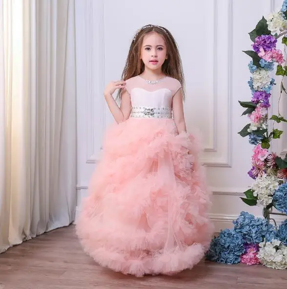 Потрясающие роскошные пышные фатиновые Бальные платья с v-образным вырезом на спине для девочек, От 2 до 13 лет, розовые вечерние платья принцессы с цветочным узором для маленьких девочек
