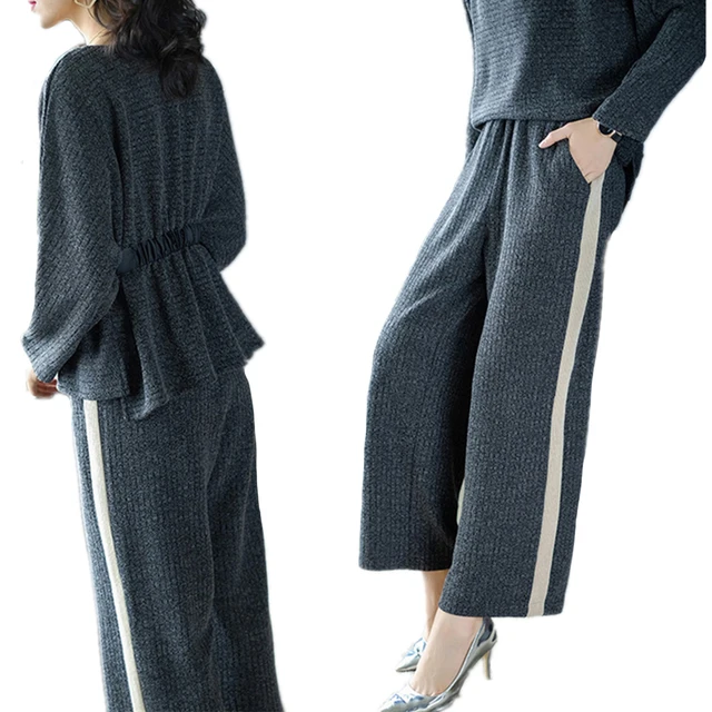 Cheap Women sets high waist wide leg pants two-piece suit round neck solid color stitching bow women suit Cheap Women sets high waist wide leg pants two-piece suit round neck solid color stitching bow women suit