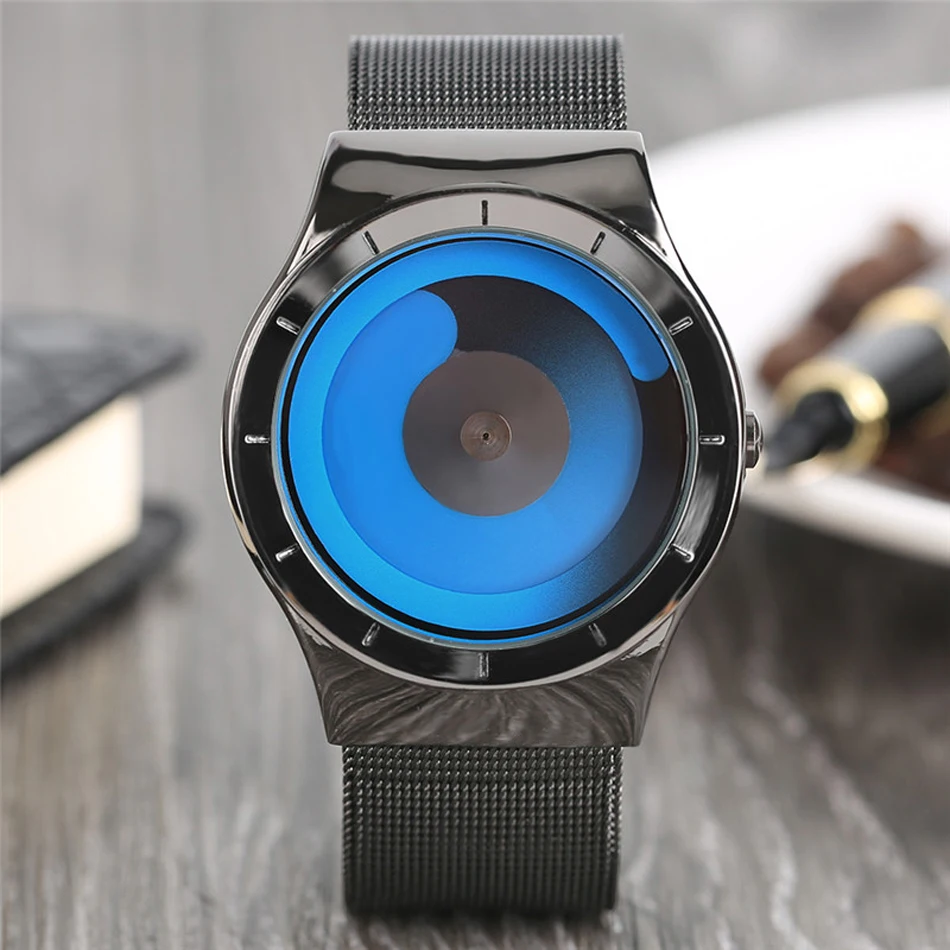 Mens Creative Rotation Watches Stainless Steel Strap Blue Ocean Quartz