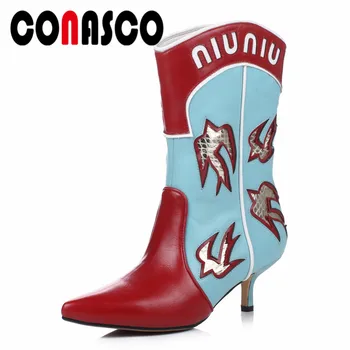 

CONASCO 2019 Brand Women Mid-calf Boots Genuine Leather Party Club Pumps Ladies Autumn Winter Martin Shoes Woman High Boots