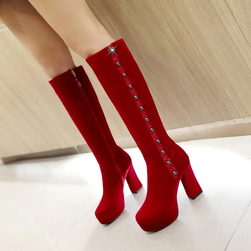 

2015 winter New Side Zipper Knee Boots Women Rivets Knee Boots Fashion Breath Round Toe Solid Color Knee boots size 34-43 R913