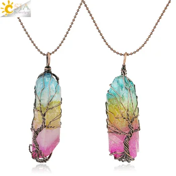 

CSJA Colorful Irregular Natural Stone Crystal Pendant Necklace Antique Copper Plated Wire Wrap Tree of Life Pendants Unisex G147