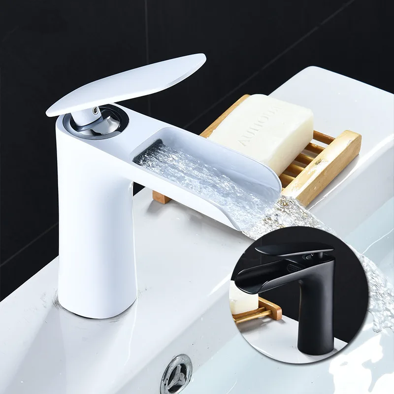 Bathroom Basin Faucet Black/White Baking Solid Brass Faucet Sink Mixer Tap Hot and Cold Waterfall Basin Lavtory Faucet