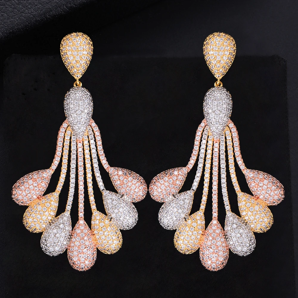 

74 mm Luxury Teardrop Pierced AAA Cubic Zirconia Inlaid Engagement Party Drop Dangle Earrings Jewelry For Women