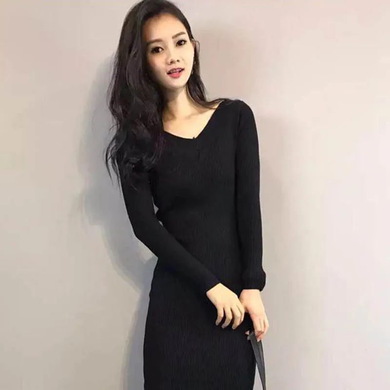 

NORMOV 2019 New Autumn Winter Long Sweater Dress Women Knee-Length Solid Color Sexy Slim V-Neck Skinny Knitting Cotton Dress