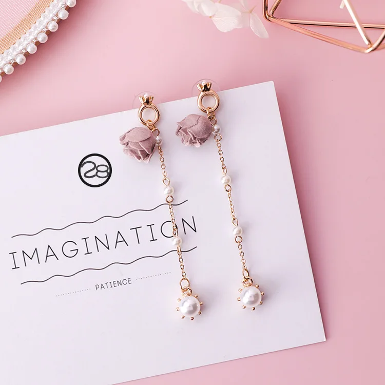 

iMucci Japanese Sweet Earrings Symmetry Pink Rose Flower Fringed Tassel Pearl Temperament Long Fabric Jewelry Accessories Gift