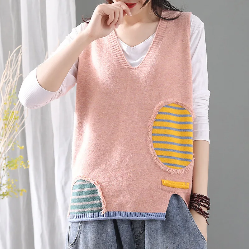 

Autumn Spring Sweaters Retro Patchwork Sanding Striped Furcal Knitwears V-Neck Collar Sleeveless Loose Stretch Female Vests Tide