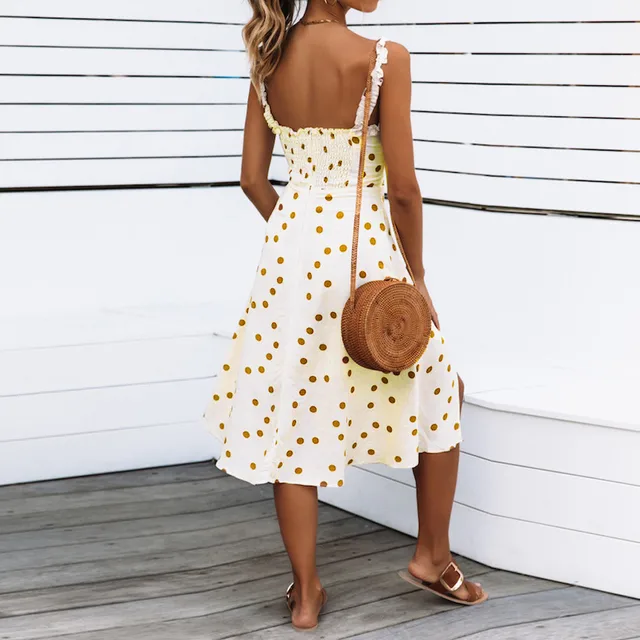 Summer Dress 2019 Sleeve Casual Women Fashion Sleeveless Dot Print Dress Casual Summer Party Midi Dress vestidos N05