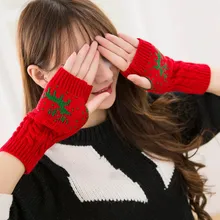 Зимние женские перчатки с рождественским оленем, вязаные перчатки без пальцев, короткие теплые варежки, красные, зеленые вечерние женские перчатки