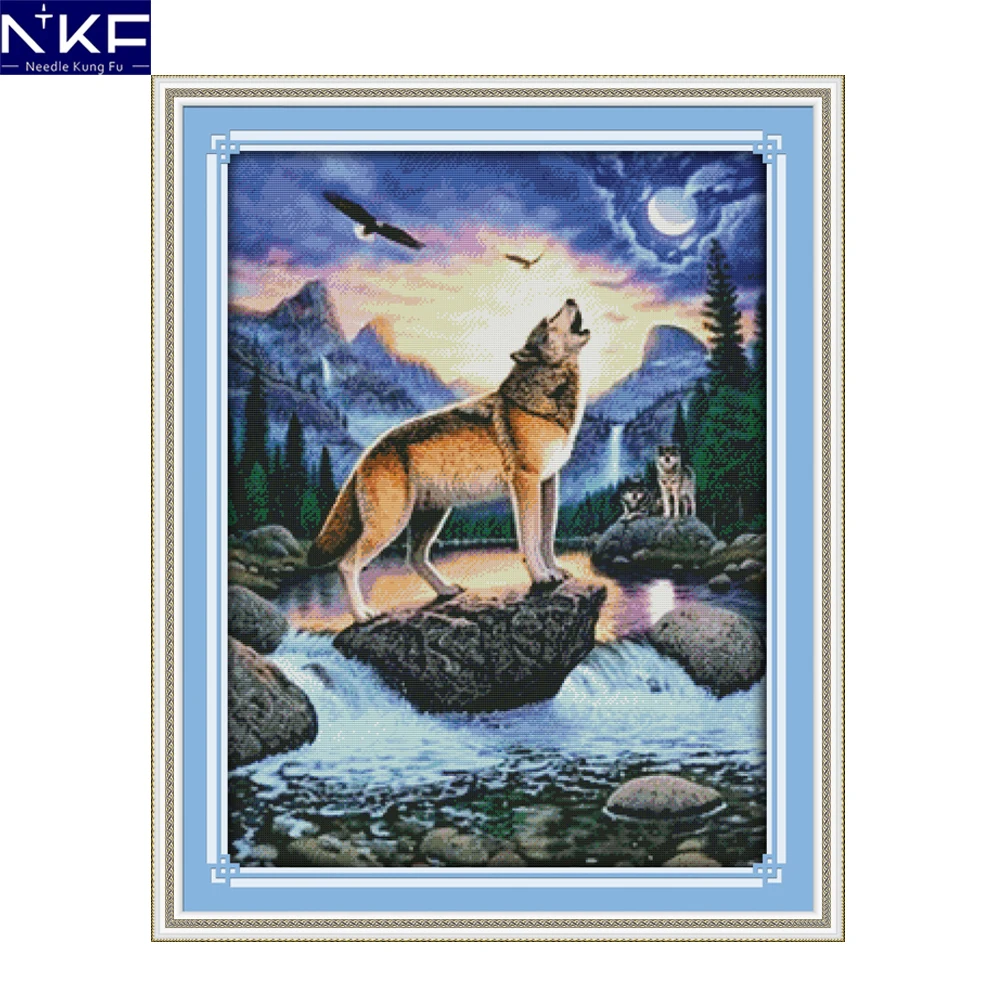 

NKF Howling Wolf Cross Stitch Pattern Handmade Craft Needlework Embroidery Kit Animal Cross Stitching Set for Home Decor