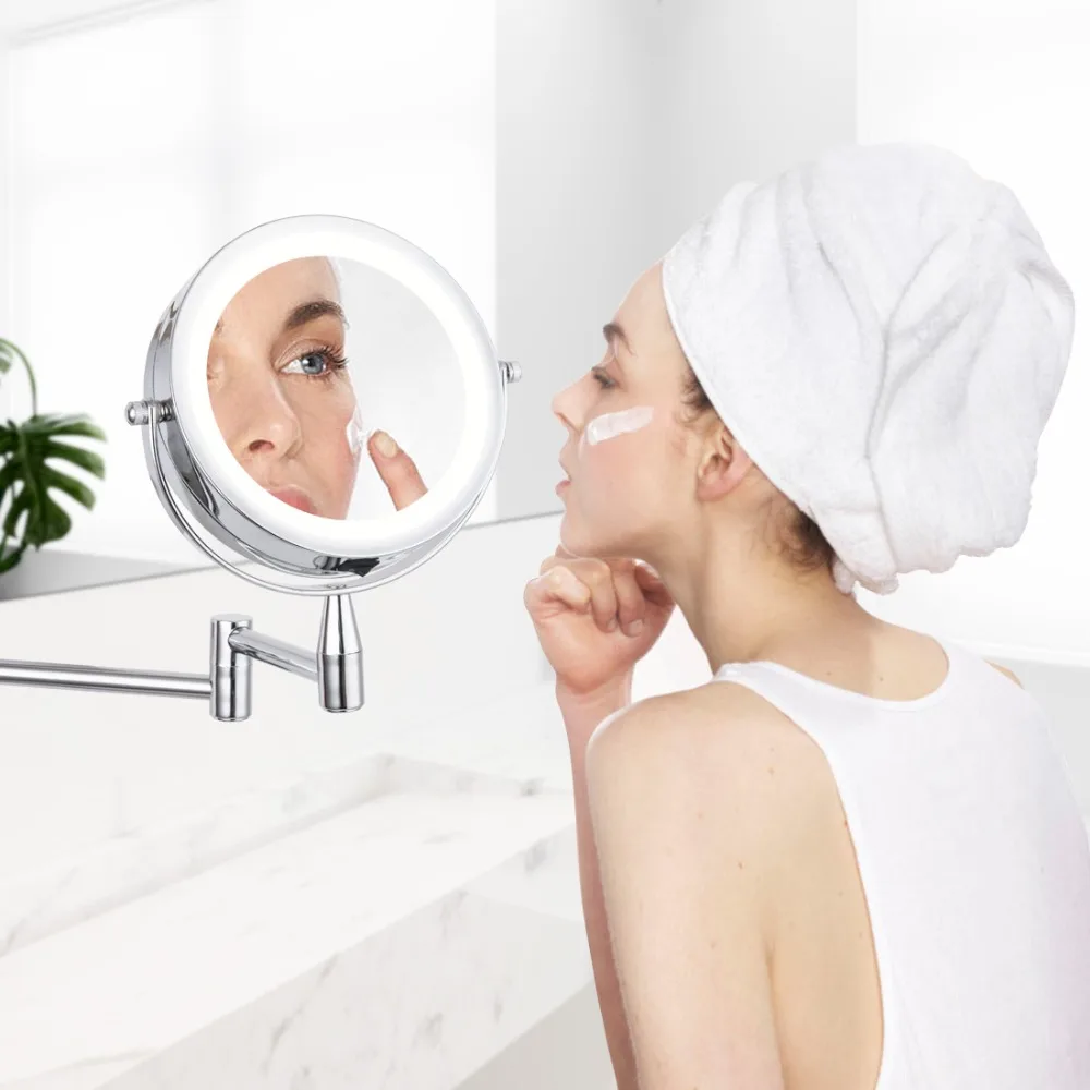  Bath Mirror Led Cosmetic Mirror 1X/3X Magnification Wall Mounted Adjustable Makeup Mirror Dual Arm 