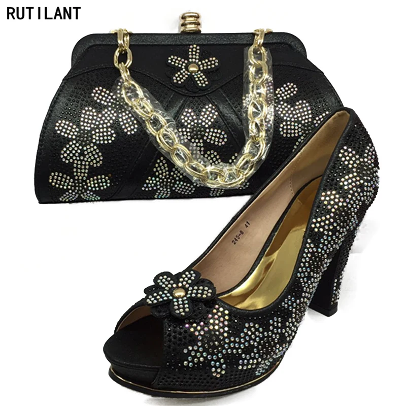 

New Arrival Black Color Ladies Italian Shoes and Bag Set Decorated with Rhinestone Woman Italian Shoes and Bags Set Party Shoes