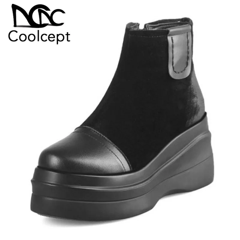 

Coolcept High Quality Women Genuine Leather Thick Bottom Boots Platform Warm Winter Shoes Fashion Fur Ankle Boots Size 34-39