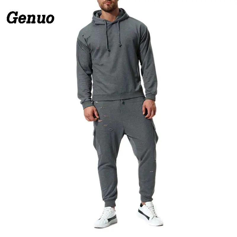 Genuo осенние толстовки спортивный костюм комплект из двух предметов мужской отверстие толстовка с капюшоном штаны Высокое уличная