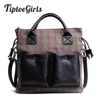 

Large Bag Female New Design Fashion Girls Handbag Woolen Panelled Color Double Pocket Hand Bag Women Shoulder Messenger Bag