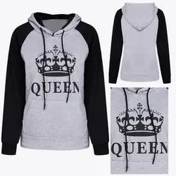 2018 KING queen Корона печати с капюшоном пуловеры осень толстовки Тонкий Толстовка для пары Для женщин Зимняя Лоскутная Топы