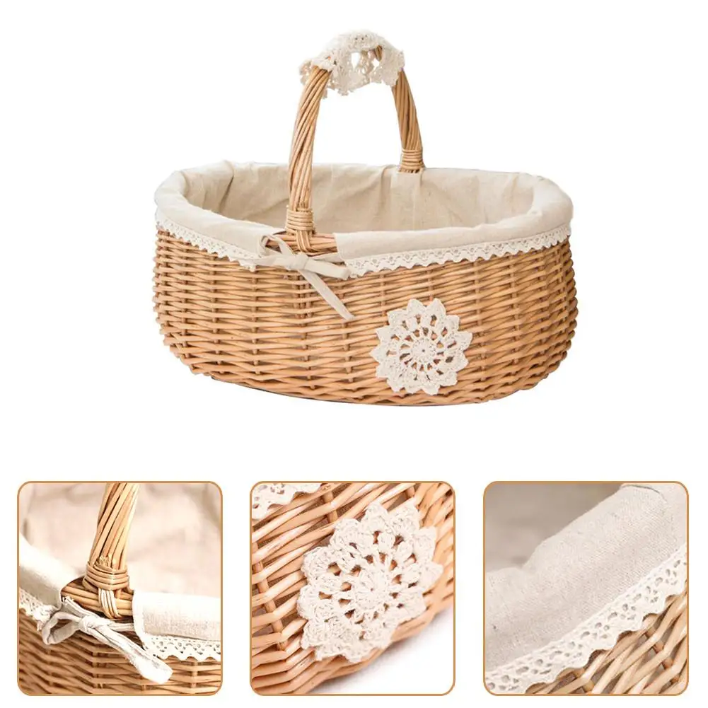 

CHUWUJU Wicker Basket Fruit Picnic Rattan Storage Box Snacks Tea Basket Willow and Cloth Wooden Storage Basket With Lid