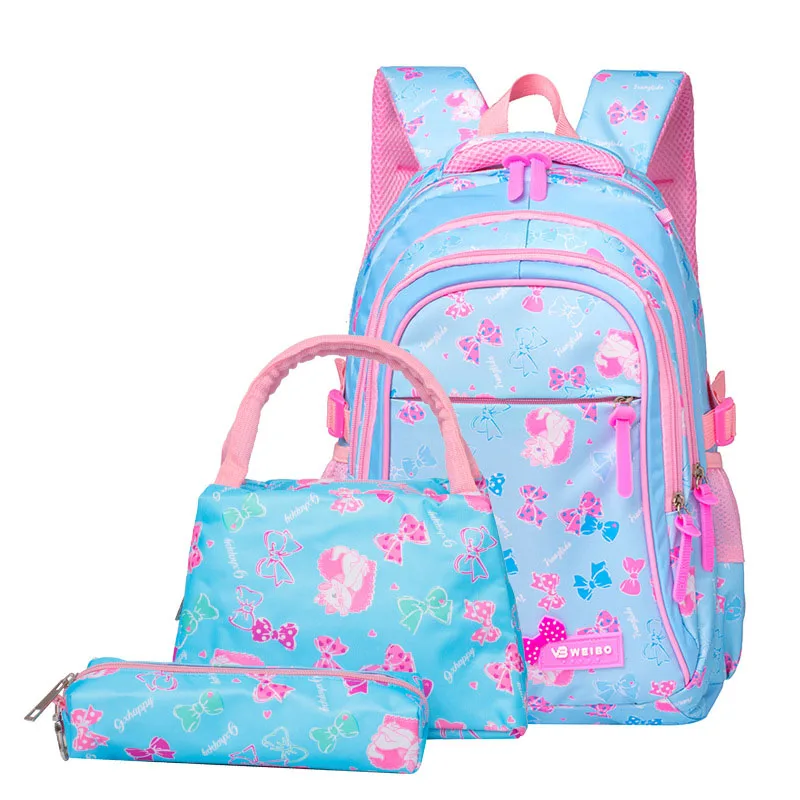 Детские школьные сумки для девочек, женские школьные рюкзаки, комплект из 3 предметов(сумка+ сумка для ручки+ рюкзак), детский нейлоновый рюкзак с цветочным принтом и бантом для девочек - Цвет: sky blue