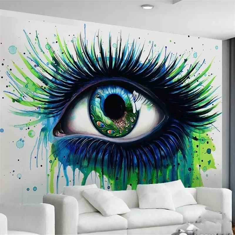 

beibehang Custom Living Room Bedroom Mural HD Peacock Blue Eyes Eyelashes Painted Abstract Oil Painting Background Wall
