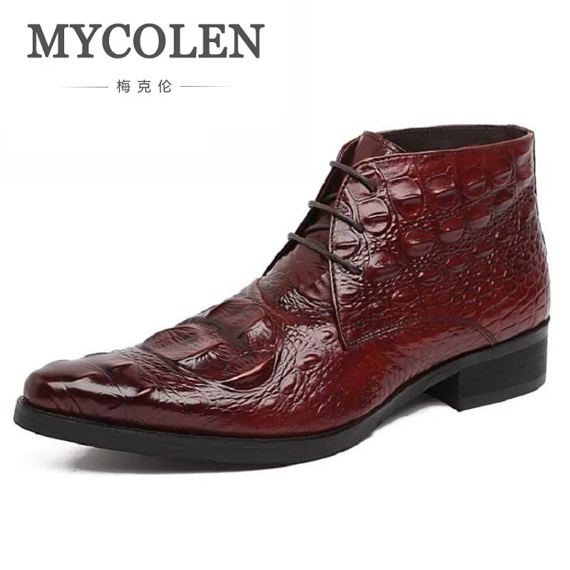 

MYCOLEN Brand Man High-Top Pointed Toe Male Ankle Boots Luxury Genuine Leather Crocodile Designer Men's Cowboy Shoes