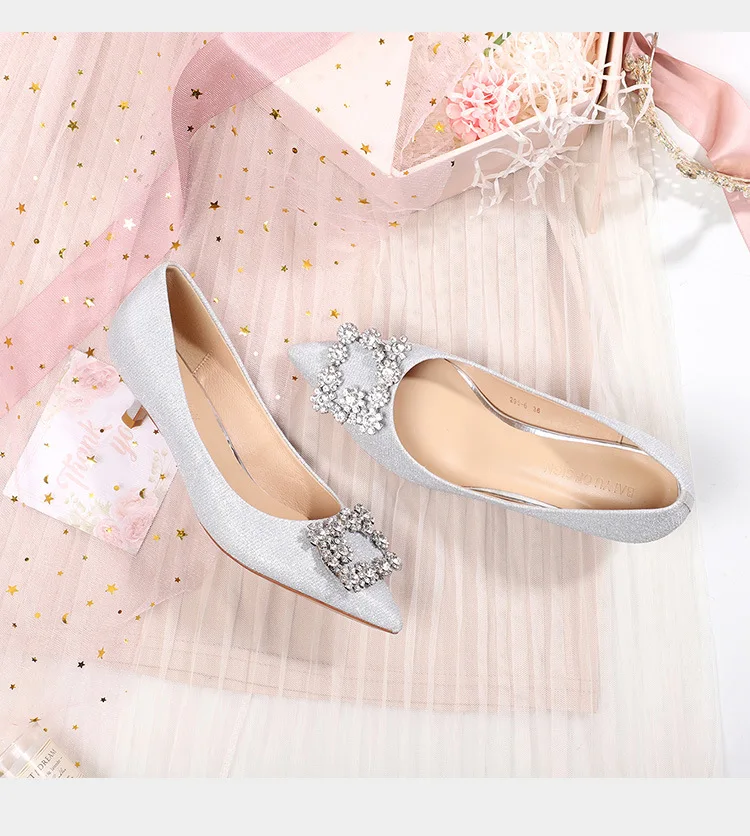 Женская свадебная Тканевая обувь с блестками и пряжкой; элегантные вечерние туфли на высоком тонком каблуке 6,5 см с острым носком