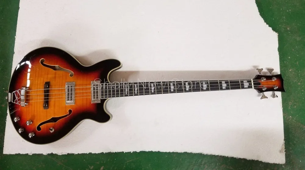 

Shelly new store custom tobacco flame maple 4 strings jazz bass F hole hollow body electric bass guitar musical instrument shop