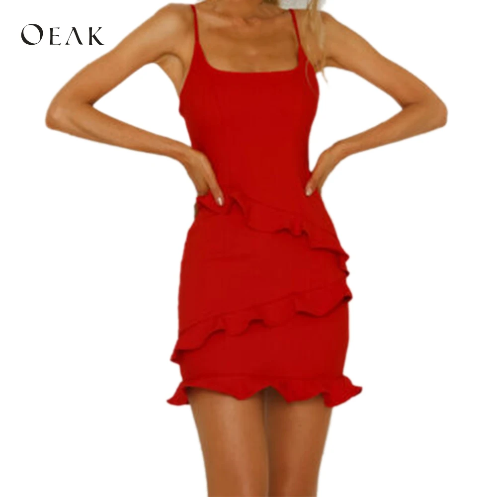 

OEAK 2019 Summer Women Dress Ruffle Frill Strappy Holiday Party Bodycon Beach Short Mini Dress Female Sleeveless Sexy Dress