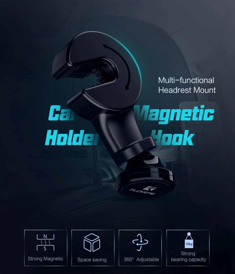 FLOVEME Strong Magnetic Car Headrest Hook Phone Tablet PC Holder Back Seat Bag Hanging 360 Rotating Car Phone Holder Stand (1)