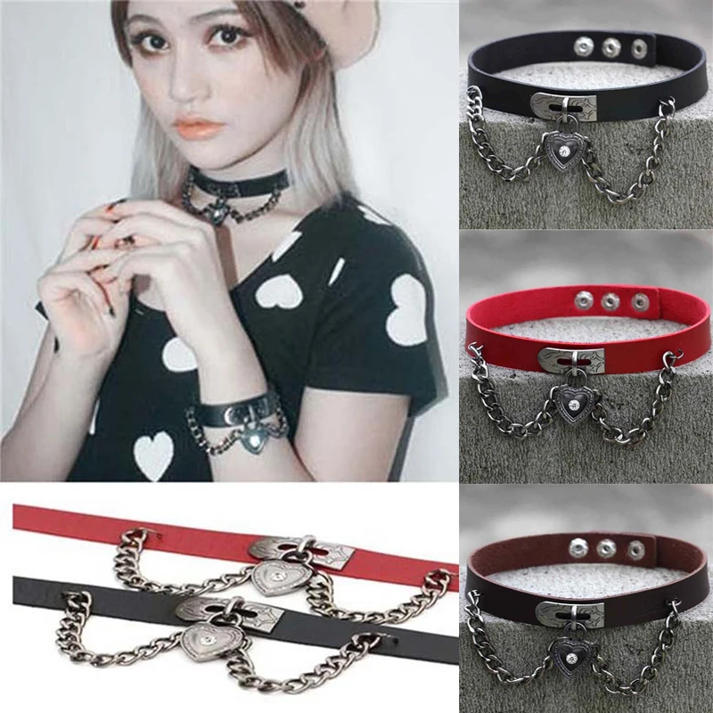 

Punk Gothic Metal PU Leather Choker Necklace Collar Heart Chain Pendant Rivet Buckle for women
