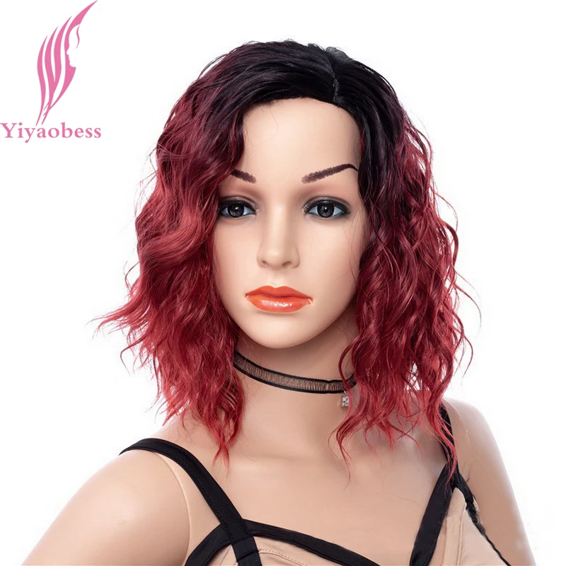 Yiyaobess 14inch Black Wine Red Ombre Wig Short Synthetic Hair