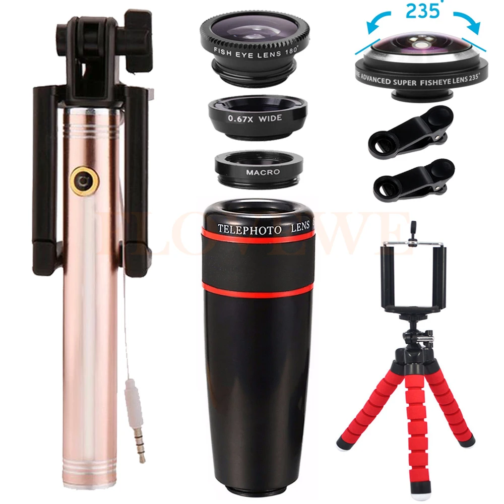 

Universal Clips Mobile lenses Kit 8X Telephoto Zoom Lens Wide Angle Macro 235 degrees Fisheye Lentes For CellPhone Mobile Tripod