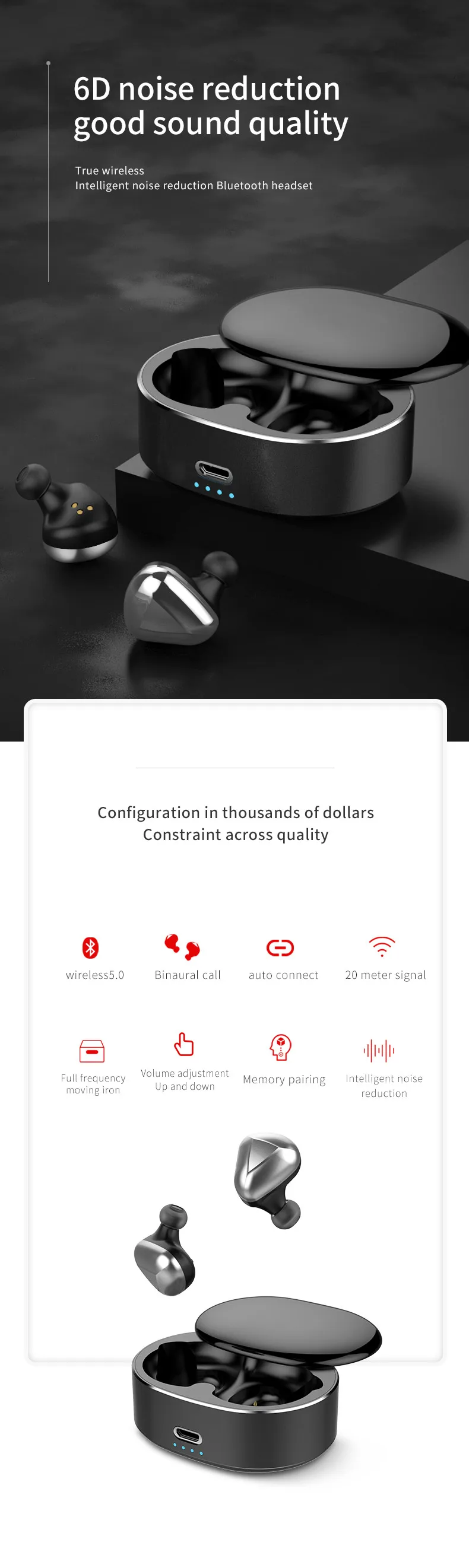 LEORY T50 True Беспроводной Bluetooth 5,0 наушники-вкладыши TWS с наушники бинауральные вызова Шум шумоподавления Спорт динамическими наушниками-вкладышами для наушников с микрофоном
