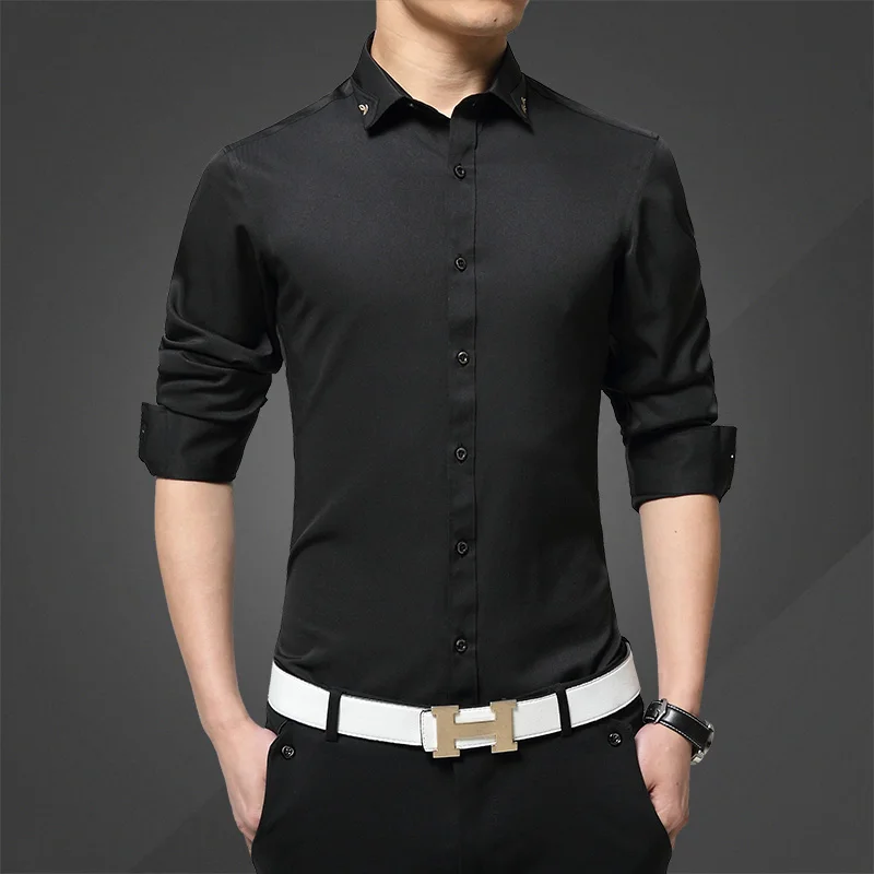 

Autumn Men Shirt Neckline Embroidered Slim Fit Men Shirt Long Sleeve Comfortable Business White Blue Red Black Mens Shirt