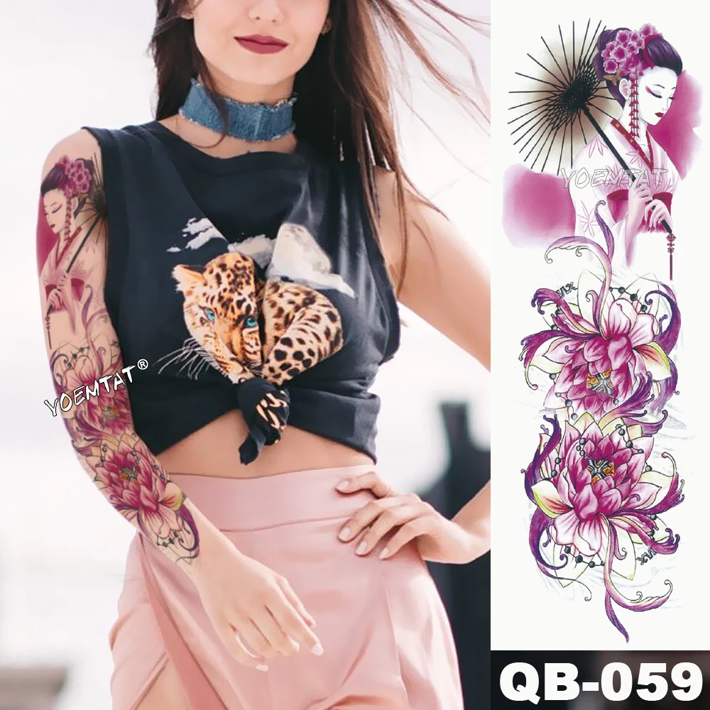 

New 1 Piece Temporary Tattoo Sticker Geisha pink lotus flower Tattoo with Arm Body Art Big Sleeve Large Fake Tattoo Sticker