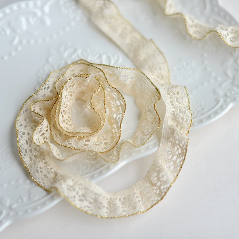 

2cm Width Polyester Ribbon Baby Clothes Lace Accessories Beige Cotton Thread Gold Edge Stretch Lace 1meter/roll