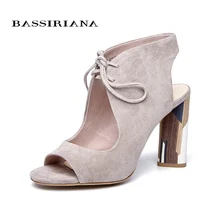 BASSIRIANA Genuine Suede Leather Peep-Toe Gladiator Lace Up Black and Beige Sandal