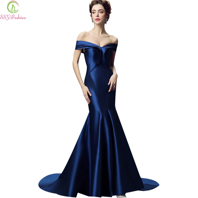 2017 Luxury SSYFashion Royal Blue Satin Sexy Fishtail Evening Dress