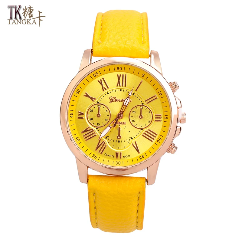 

NEW Best Quality Geneva Fashion Women's watch yellow Luxury leather watchbands clock quartz Wrist watches Wear jewelry