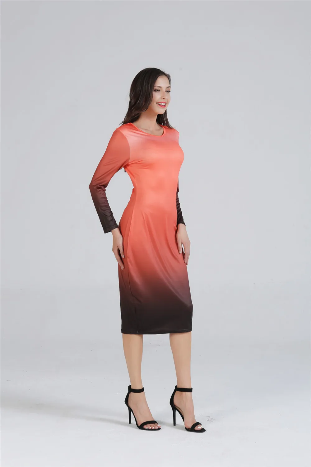 Women Basic Dress 2018 Gradient Ramp O Neck Long Sleeve Slim Dresses Bodycon Midi Office Working Dress Elegant All Match (45)