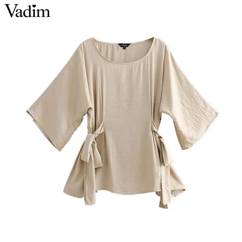 

Vadim women casual side bow tie blouse O neck half sleeve solid oversized shirts chic fashion elegant loose tops LA977