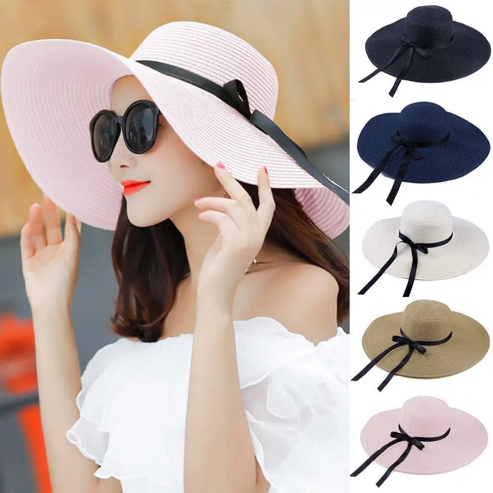 Summer Straw Hat Cap Womens Ladies Fold Wide Large Brim Ribbon Bow tie Beach Hat Female Casual Sun hat