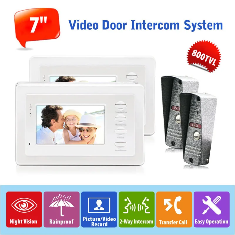 2 to 2 Wired Video Intercom Security System Support Monitoring, Picture Snapshot/Video Recording, Call Transfer, SD/TF Storage