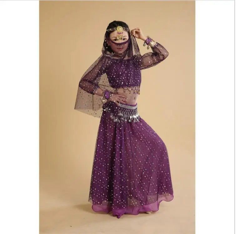 Детская одежда для индийских танцев, костюм из 5 предметов для девочек, комплект(топ, платье, вуаль, цепочка на талии и браслет), Танцевальные Костюмы Болливуда