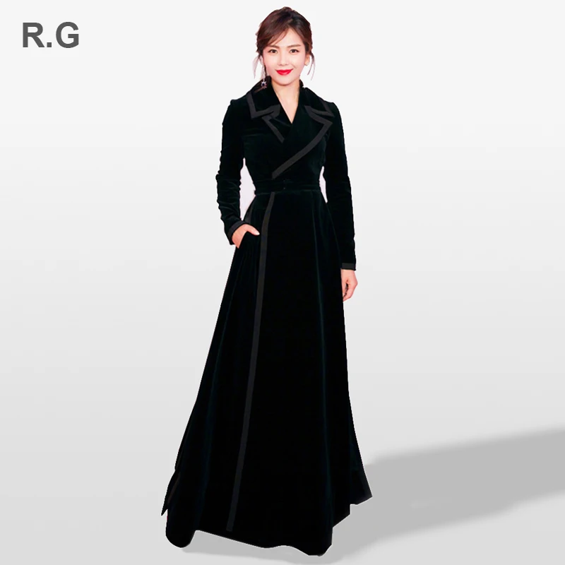 

RG Winter Runway Designer Long Coat Business Formal Notched Collar Wrap Black Velvet Maxi Coat Warm Long Trench Coat Outwear