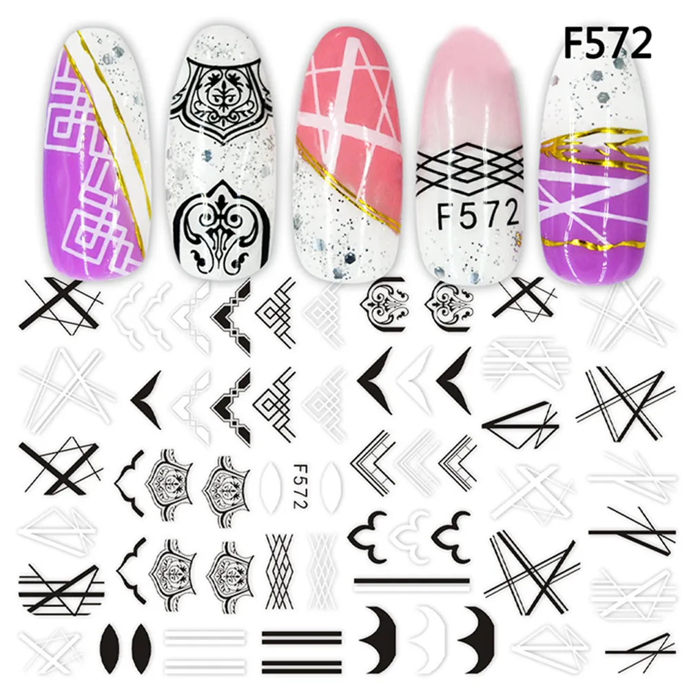 Черно-белые 3d наклейки для ногтей, цветочные украшения, геометрические наклейки, кончики для татуировки, слайдер для украшения ногтей, маникюрные SAF564-573 - Цвет: F572