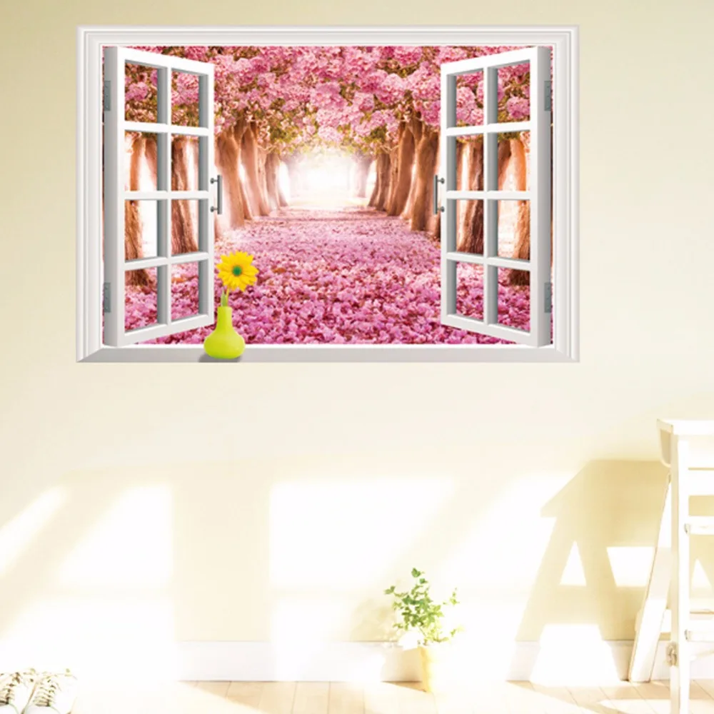 3D Pink Cherry Blossom Window View Removable Wall Sticker ...