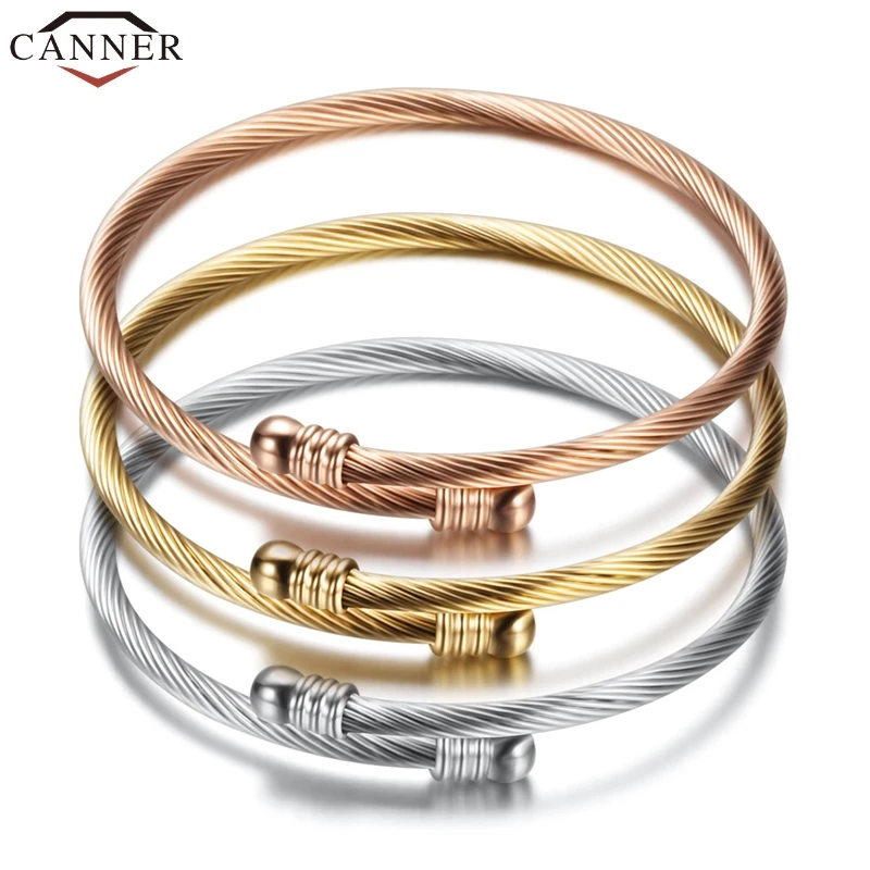 CANNER Simple Gold/Gold/Silver Color Cable Stainless Steel Adjustable Bangle & Bracelets for Women Jewelry FI