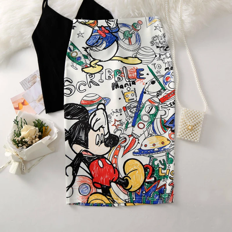

2019 Summer New Women Cartoon Mouse Printed Pattern Knee-length Elastic Pencil Skirt Ladies Sweet Middle Slim Skirt