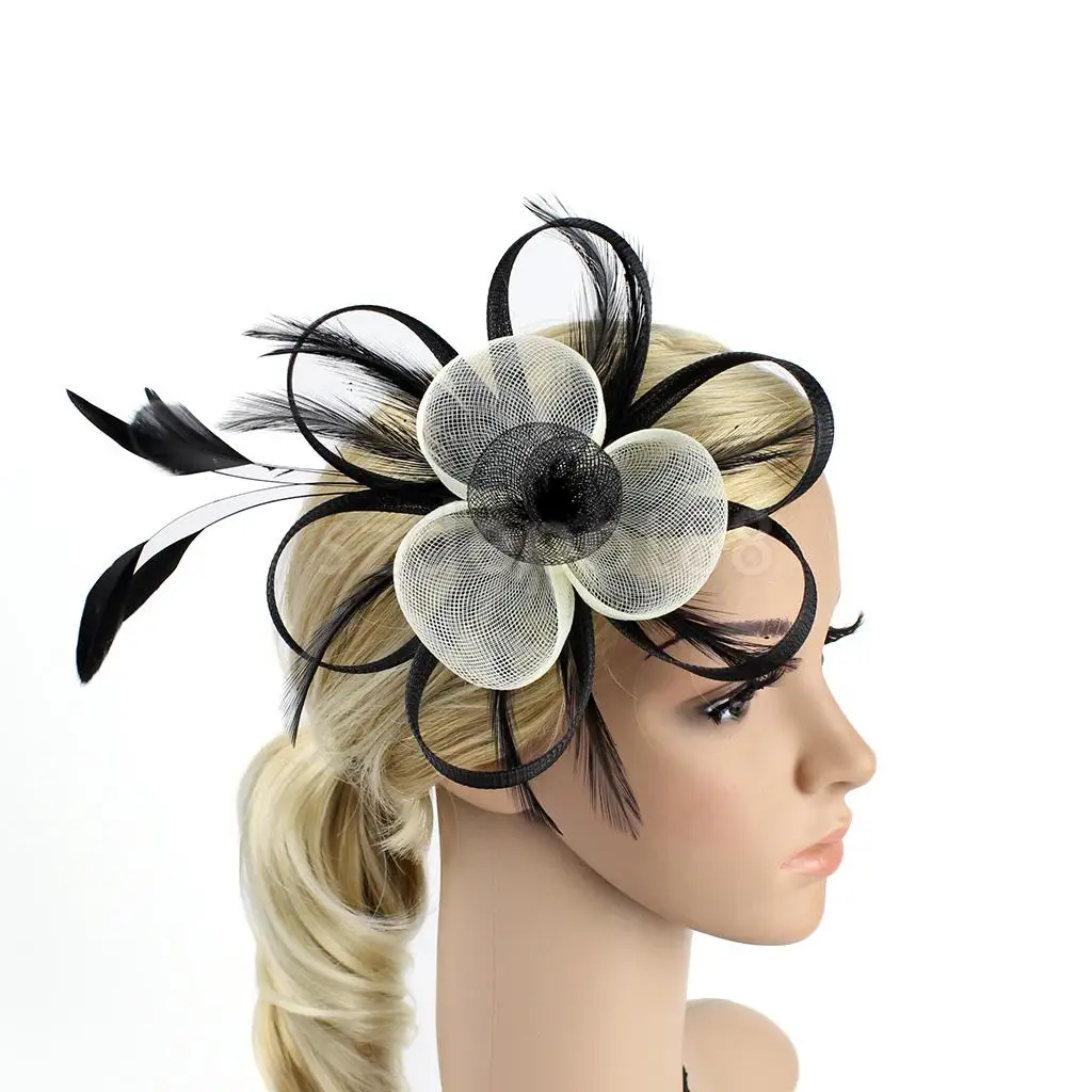 Women Net Feather Fascinator Hair Clip Great Gatsby Wedding Cocktail